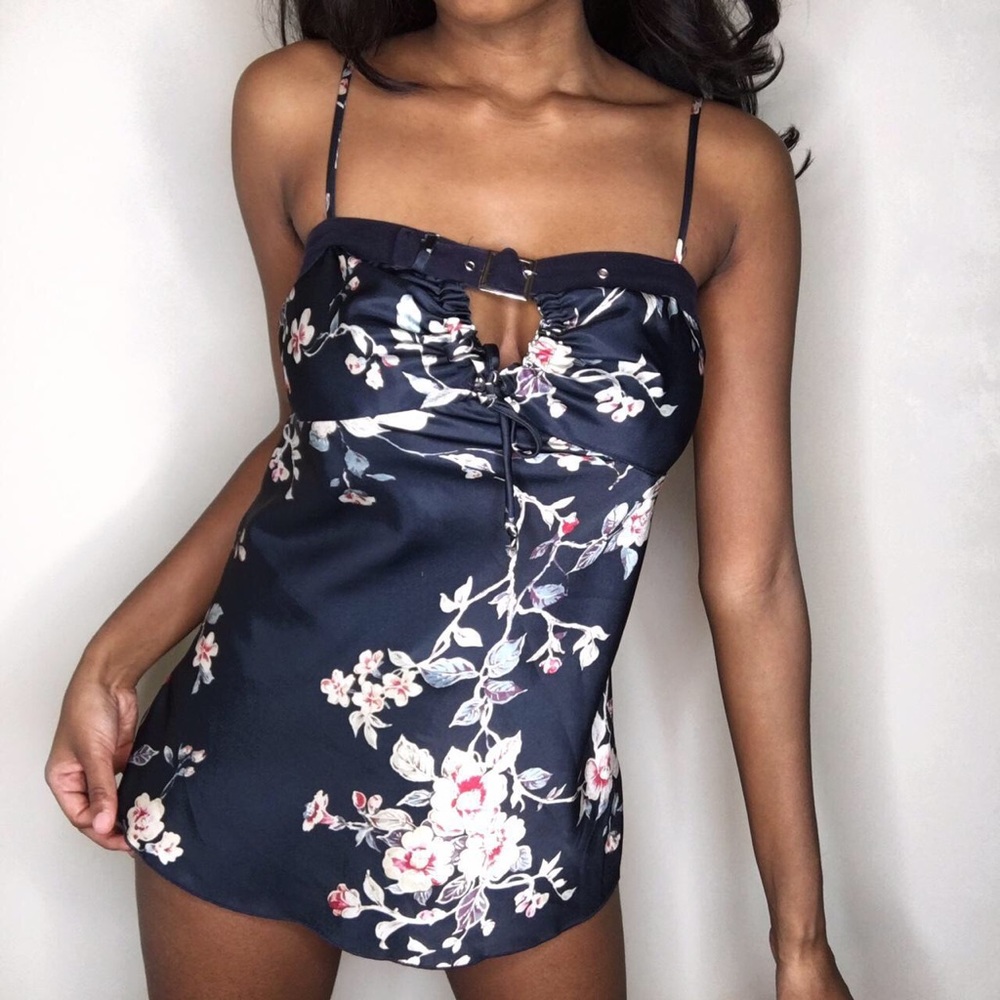 Y2K navy blue ,colorful FLORAL print STRAPPY blouse tank top